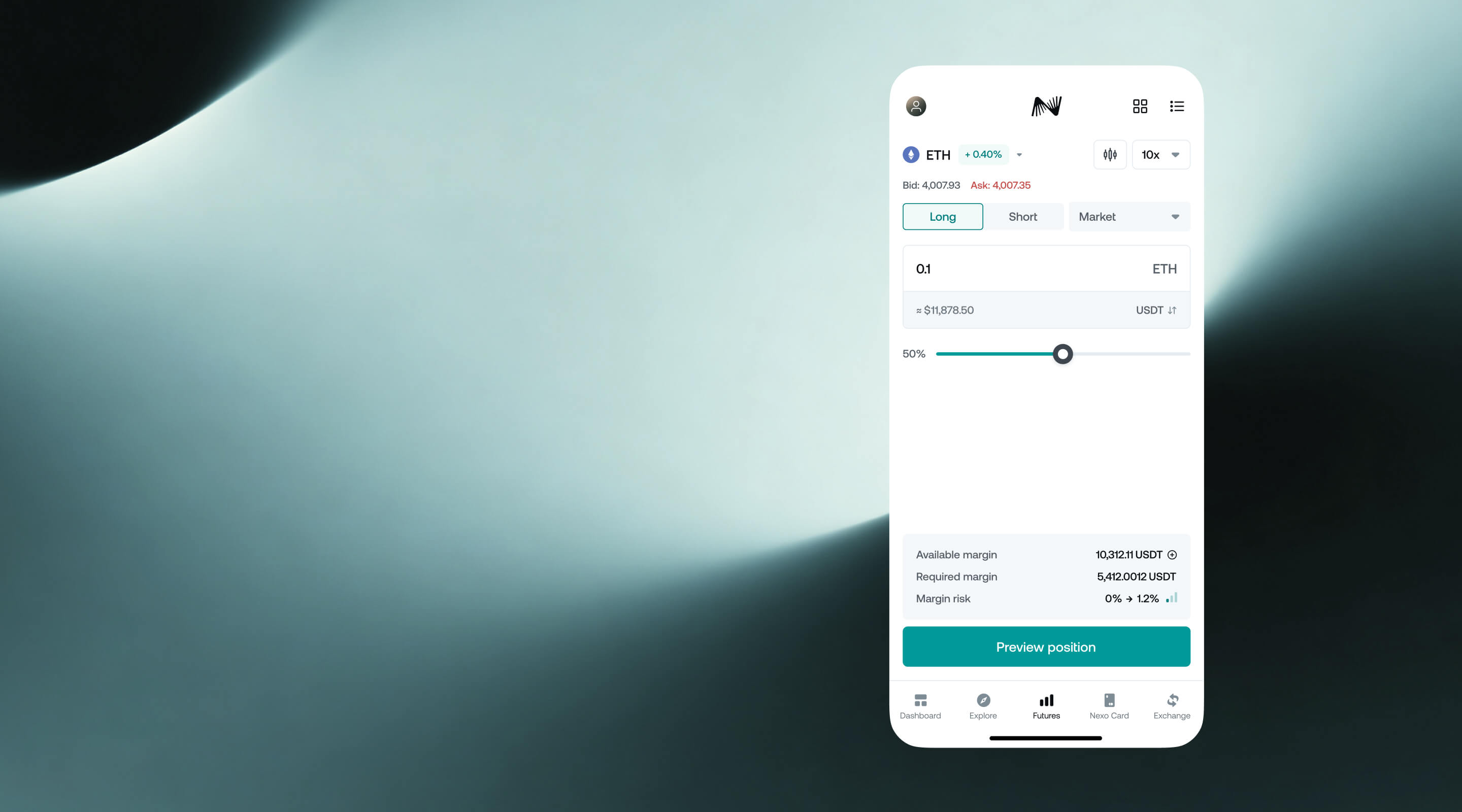 Nexo app order screen with long and short options, a leverage slider, and an Open position button