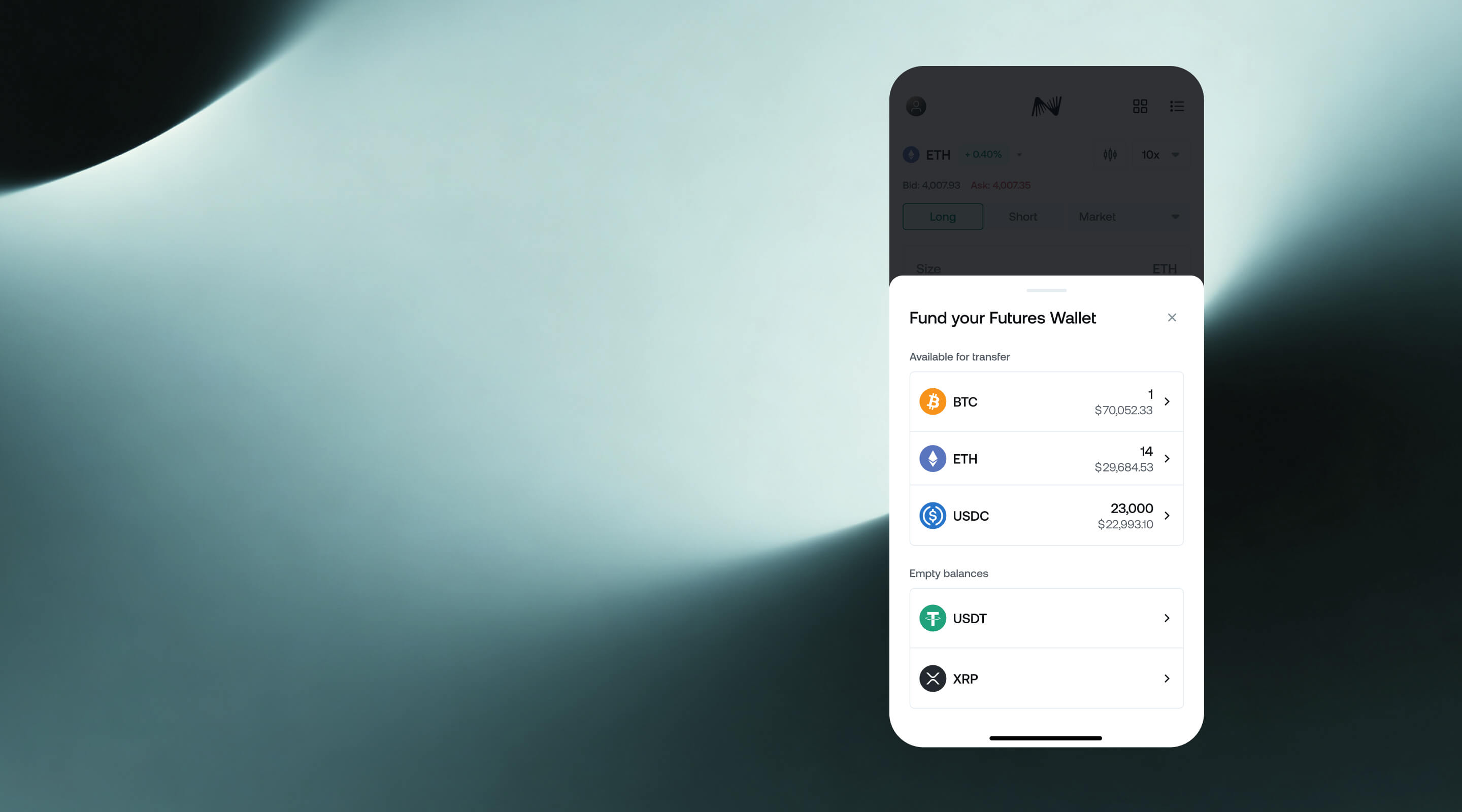 Fund your Futures Wallet screen in the Nexo app, listing supported collateral assets