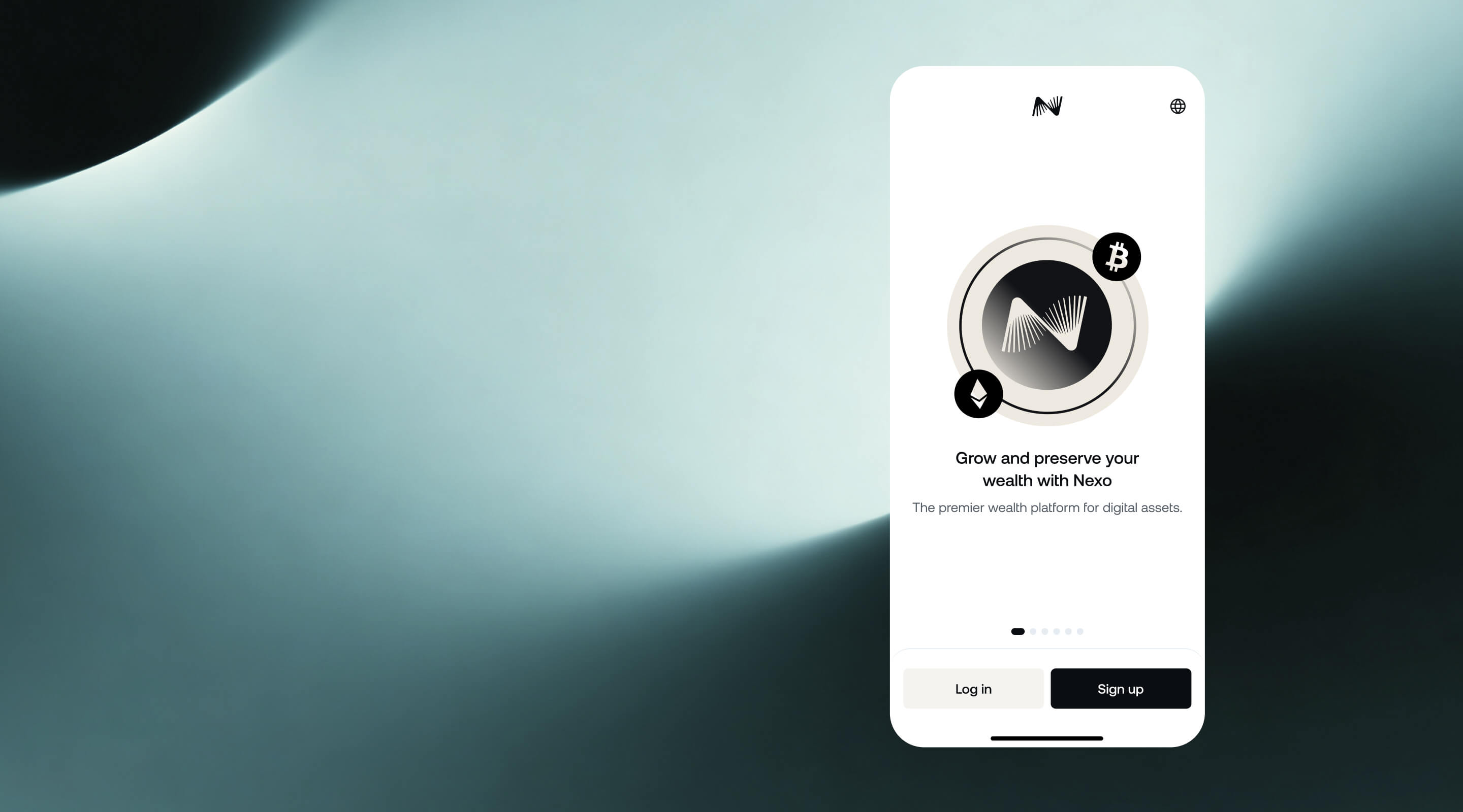 Nexo app welcome screen with Log in and Sign up buttons